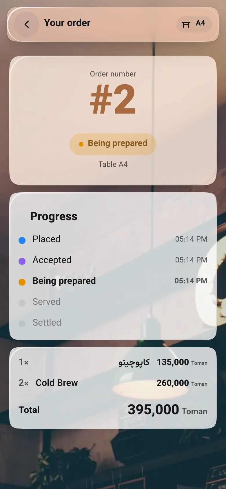 Café Narenj’s menu on a phone: order 2 for table A4, being prepared, with its progress and total